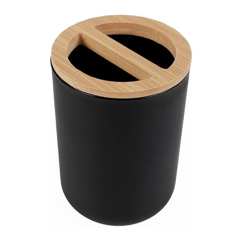 Set de Baño Completo, Conjunto Accesorios Baño Diseño Moderno y Elegante, Incluye Soporte para Cepillos de Dientes, Dispensador de Jabón Líquido, Vaso, Jabonera y Escobilla de Baño, Color Negro, Fabricado en Plastico Resistente y Bambú