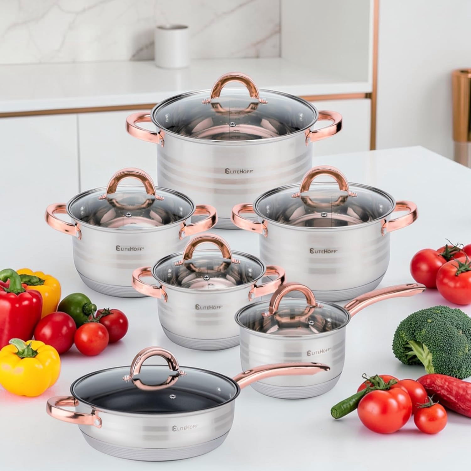 Batería de Cocina 12 Piezas, Juego de Ollas, Cazo y Sartén de Acero Inoxidable, Tapas Incluidas, Apto para Lavavajillas, Apto para Cocina Eléctrica, Gas, Vitrocerámica e Inducción