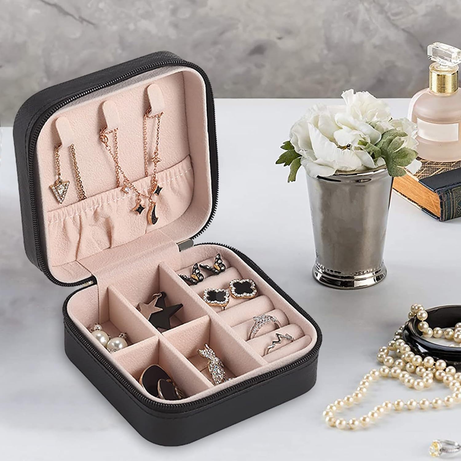 Mini Joyero Viaje, Estuche Portátil para Joyas, Organizador Joyas, Portable, Ideal para Viajes, Cremallera Resistente, Caja de Almacenamiento para pendientes, anillos, collares, pulseras
