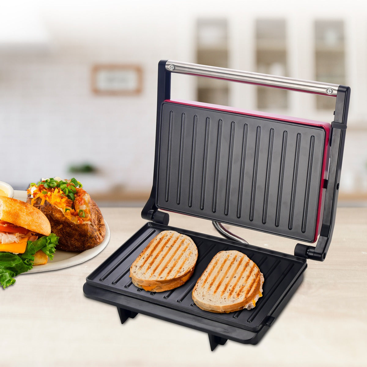 Parrilla Eléctrica, Plancha Grill de 850W, Tamaño Plancha: 23 x 14,3cm, Recubrimiento Antiadherente, Control Automático de Temperatura, Indicador Luminoso, Tapa Fácil de Abrir, 29 x 10,3 x 24,4 cm