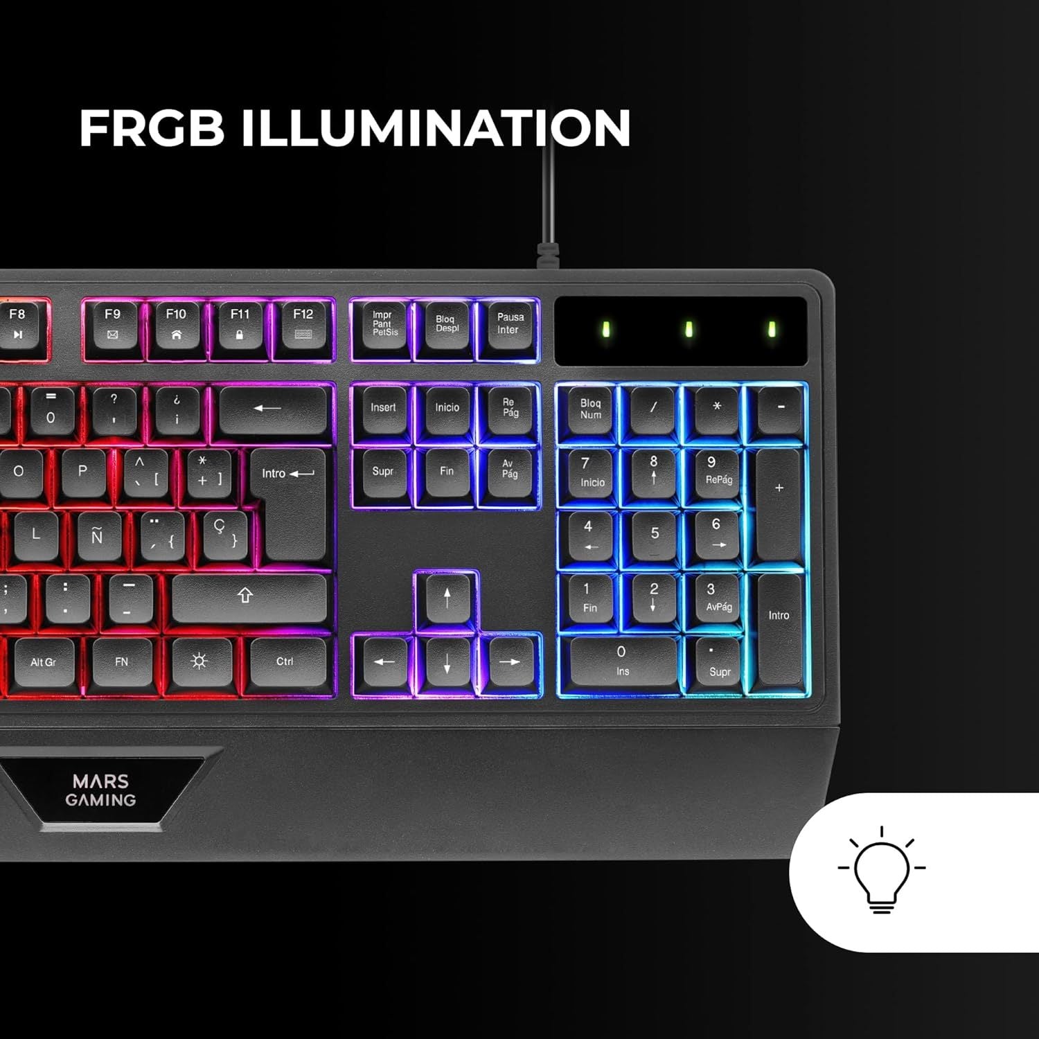Mars Gaming MK124, Teclado Ergonómico H-Mech, Reposamuñecas Integrado, Iluminación FRGB Rainbow, Teclado Gaming Antighosting Avanzado, Teclado PC Completo Multiplataforma, Idioma Español, Negro