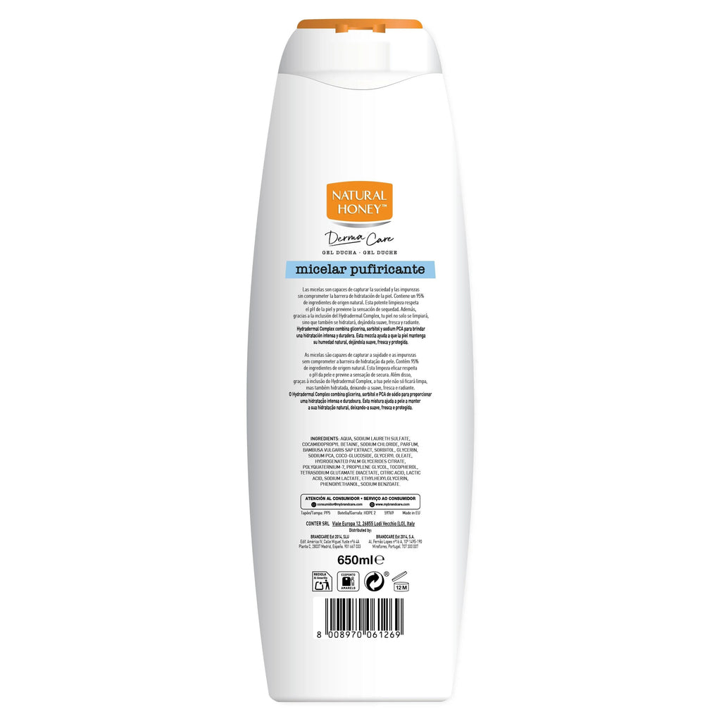 Natural Honey, Gel de Ducha Micelar Purificante con Extracto de Bambú, Hydradermal Complex y Micelas que Previenen la Sensación de Sequedad, Protege el pH Natural de la piel, Línea Derma Care, 650 ml