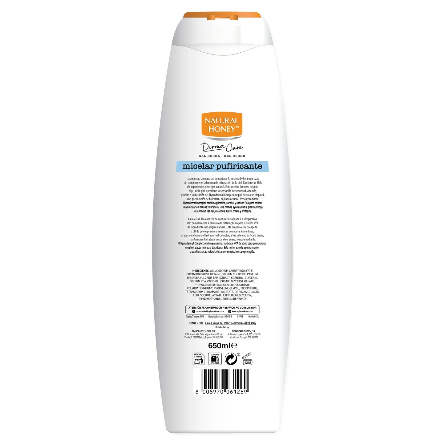 Natural Honey, Gel de Ducha Micelar Purificante con Extracto de Bambú, Hydradermal Complex y Micelas que Previenen la Sensación de Sequedad, Protege el pH Natural de la piel, Línea Derma Care, 650 ml
