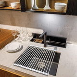 Escurridor de Platos para Fregadero, Escurridor de Platos Enrrollable de Acero Inoxidable, Escurridor Multifuncional sobre Fregadero, Escurridor de Platos Plegable, Colador de Cocina para Frutas y Verdurias, Fácil de Limpiar, Ahorra Espacio, Color Gris