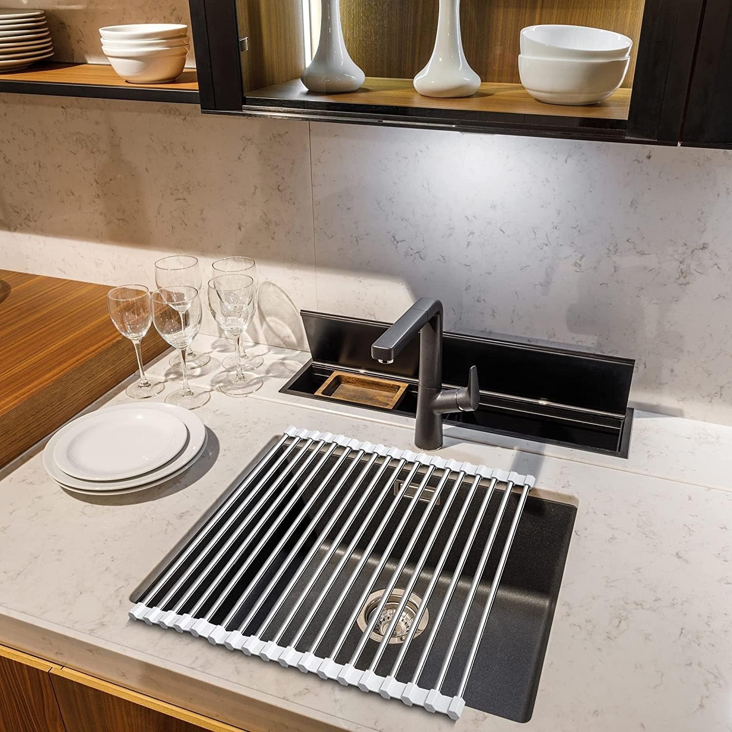 Escurridor de Platos para Fregadero, Escurridor de Platos Enrrollable de Acero Inoxidable, Escurridor Multifuncional sobre Fregadero, Escurridor de Platos Plegable, Colador de Cocina para Frutas y Verdurias, Fácil de Limpiar, Ahorra Espacio, Color Gris