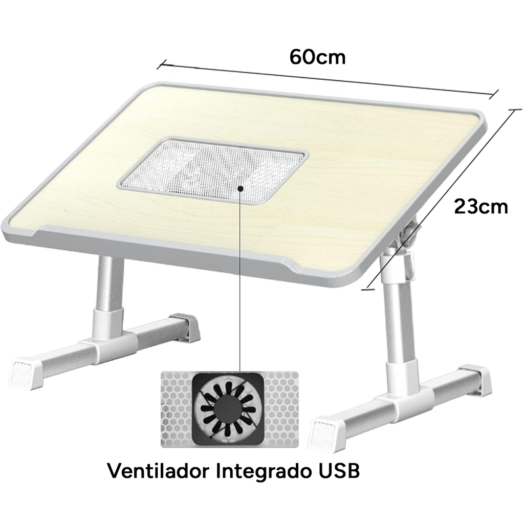 Mesa para Portátil Plegable con Ventilador, 5 Niveles de Altura y Ángulo del Tablero Ajustable, Ventilador USB para Optimizar Rendimiento del Portátil, Borde Antideslizamiento, Ideal para cualquier Espacio, 60 x 23 x 24-32 cm
