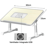 Mesa para Portátil Plegable con Ventilador, 5 Niveles de Altura y Ángulo del Tablero Ajustable, Ventilador USB para Optimizar Rendimiento del Portátil, Borde Antideslizamiento, Ideal para cualquier Espacio, 60 x 23 x 24-32 cm