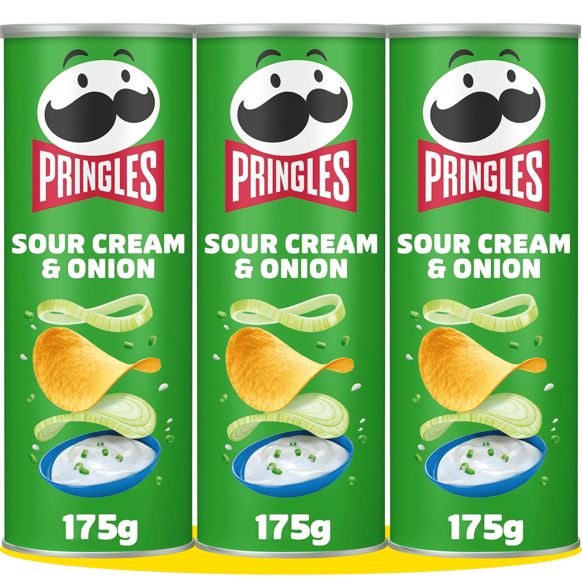 Pringles Sour Cream & Onion, Snack de Patatas Fritas sabor Crema Agria y Cebolla, Tamaño XL de 175g, Pack de 3 Unidades