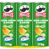 Pringles Sour Cream & Onion, Snack de Patatas Fritas sabor Crema Agria y Cebolla, Tamaño XL de 175g, Pack de 3 Unidades