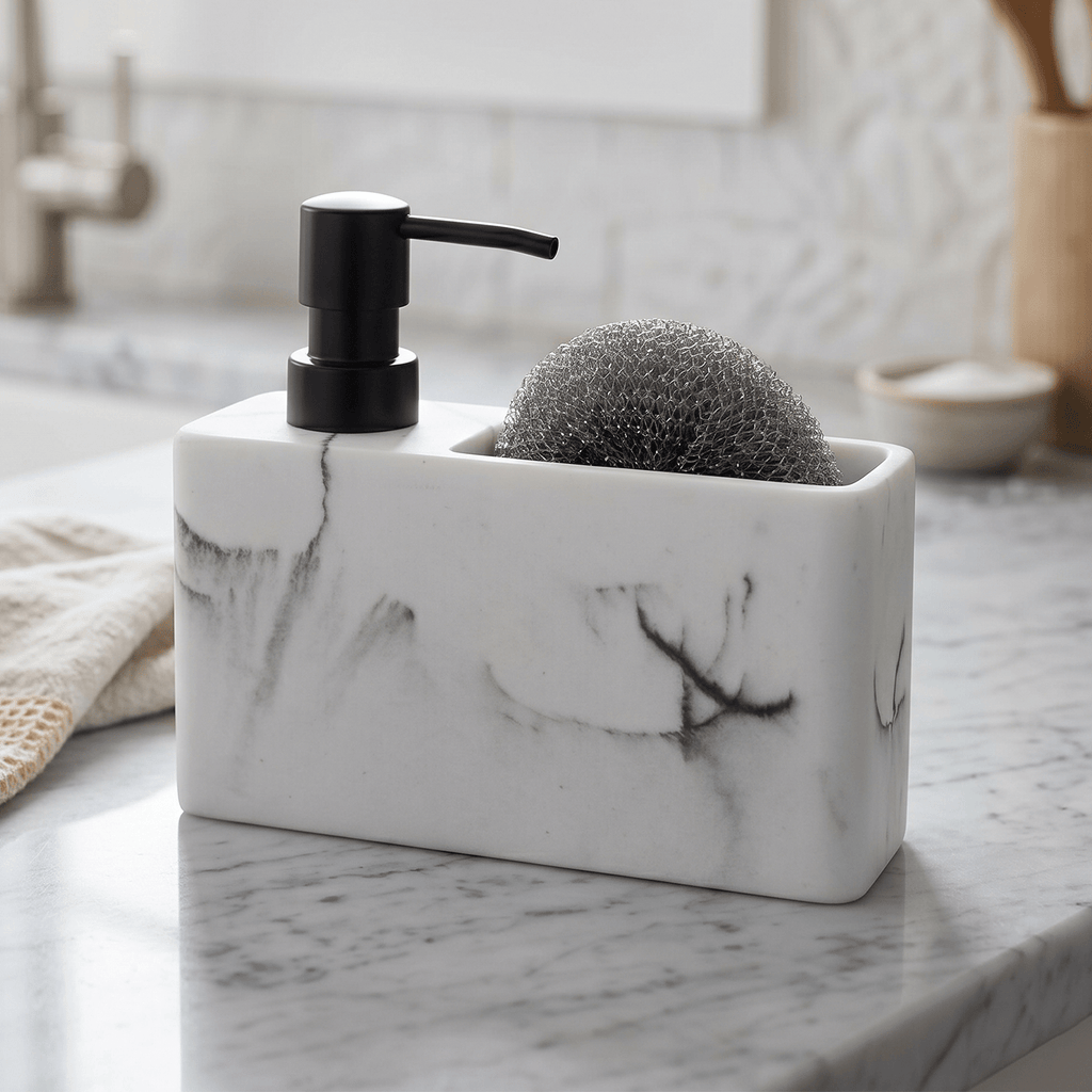 Dispensador Jabón Cocina y Estropajo Efecto Marmol, Dispensador de Lavado de Manos con Recipiente Rellenable y Estropajo, Ideal para Cocina y Baño, 18.5 x 6.3 x 15.6cm