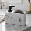 Dispensador Jabón Cocina y Estropajo Efecto Marmol, Dispensador de Lavado de Manos con Recipiente Rellenable y Estropajo, Ideal para Cocina y Baño, 18.5 x 6.3 x 15.6cm