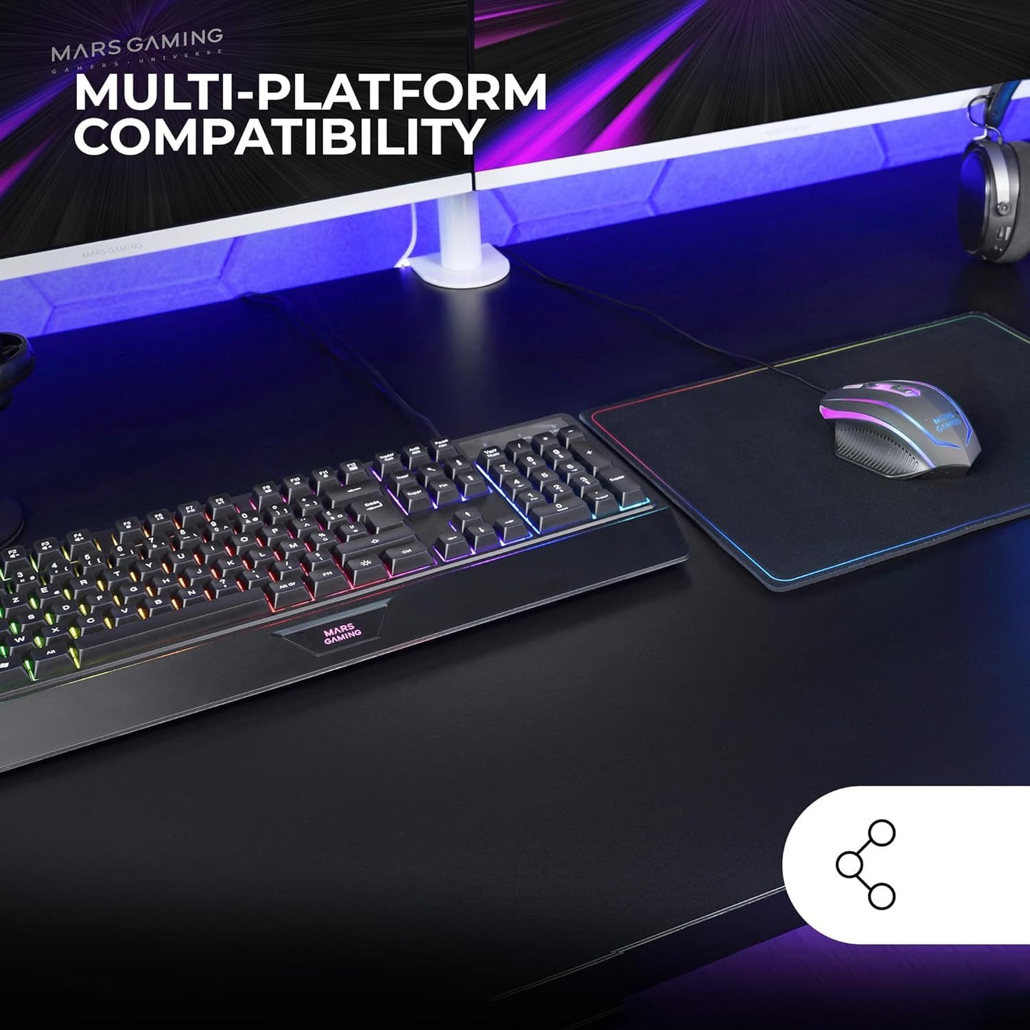 Mars Gaming MCP124, Combo Gaming 3en1, Teclado Ergonómico H-Mech LED RGB, Ratón RGB 3200DPI Switches HUANO, Alfombrilla Nanotextil 360x260mm, Compatibilidad Multiplataforma, Layout Francés, Negro