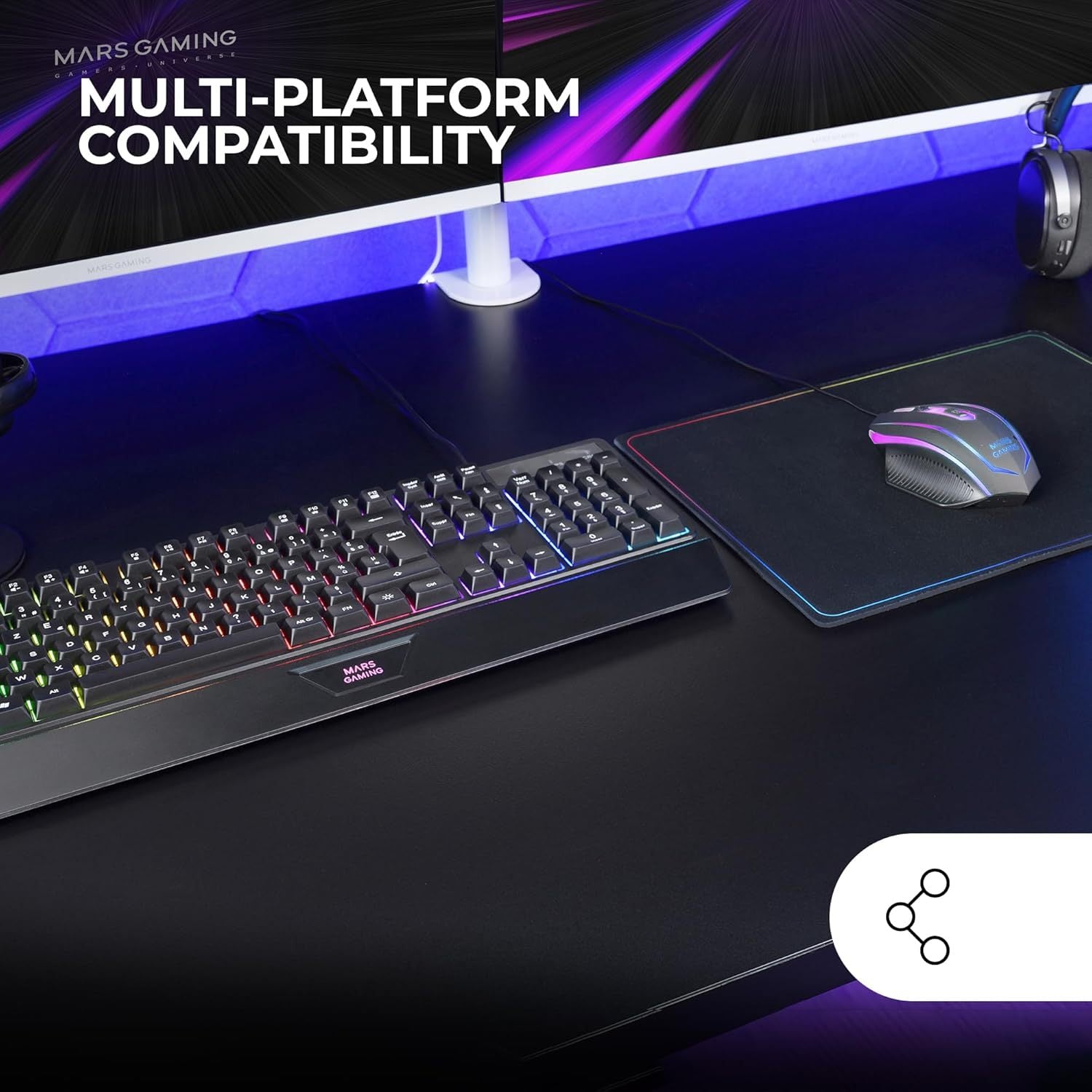 Mars Gaming MCP124, Combo Gaming 3en1, Teclado Ergonómico H-Mech LED RGB, Ratón RGB 3200DPI Switches HUANO, Alfombrilla Nanotextil 360x260mm, Compatibilidad Multiplataforma, Layout Francés, Negro