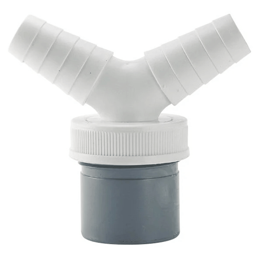 Conexion T-219 PP Doble Toma Lavadora y Lavavajillas, Enlace Mixto Macho de PVC, Toma Doble para Electrodomésticos, Junta de Estanqueidad de Máxima Calidad, Diámetro Entrada Ø1 1/2".