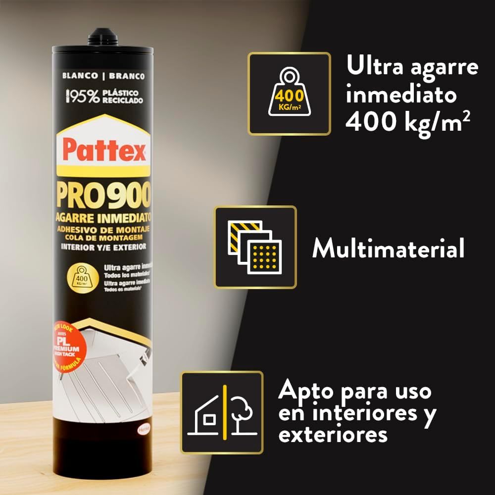 Pattex PRO900 Adhesivo de Montaje para Interiores y Exteriores, Pegamento Fuerte de Agarre Inmediato, Pegamento Extrafuerte Resistente al Agua con Gran Poder de Relleno, 460g