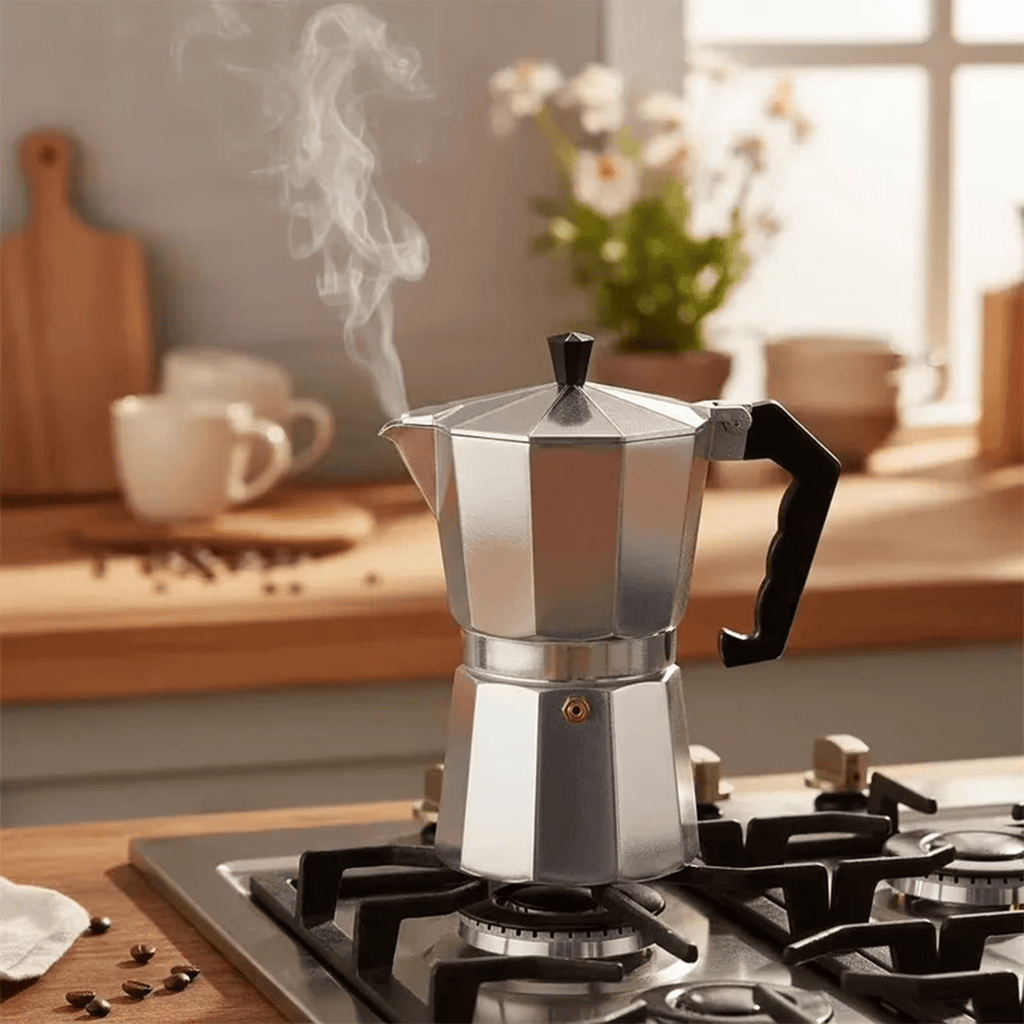 Cafetera Italiana 12 Tazas, Cafetera Italiana de Aluminio con Mango Ergonómico, Compatible con Cocina de Gas, Vitrocerámica e Inducción, Válvula de Seguridad