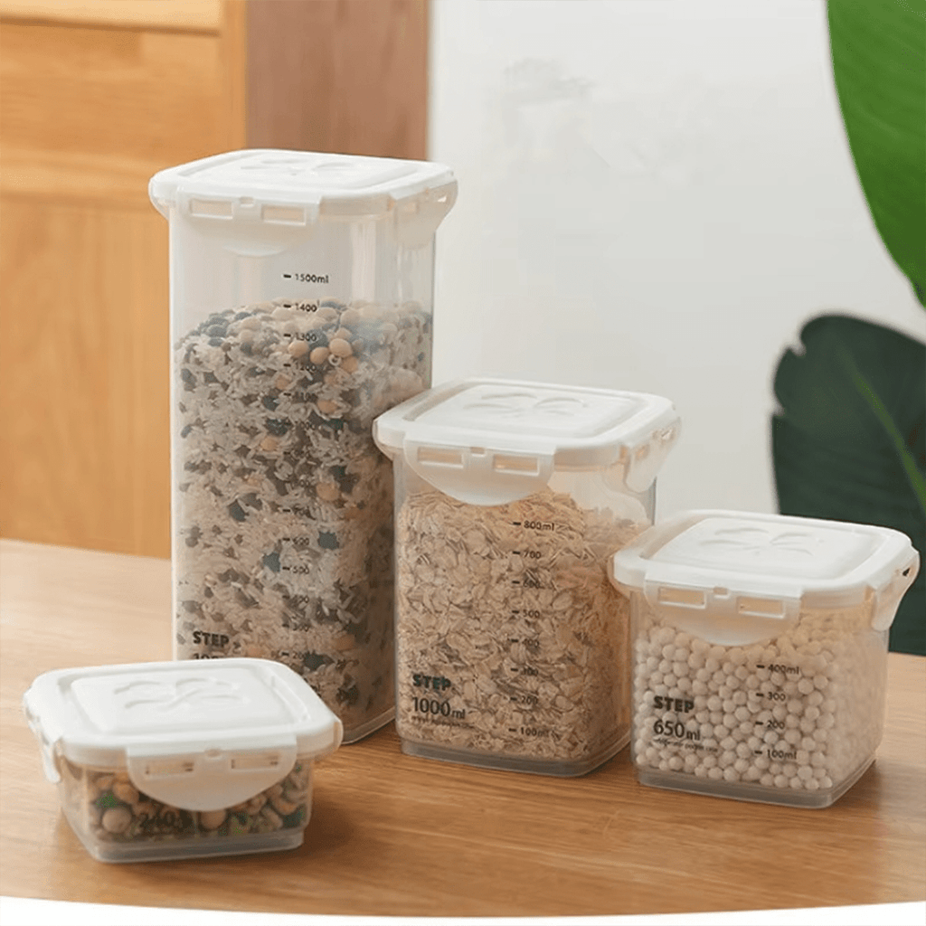 Recipientes Almacenamiento Cocina, Set de 4 Recipientes de Botes Cocina Almacenaje de Plástico, Capacidad para 240ml, 650ml, 1000ml y 2200ml, Cierre Hermético con Tapa, Apilables