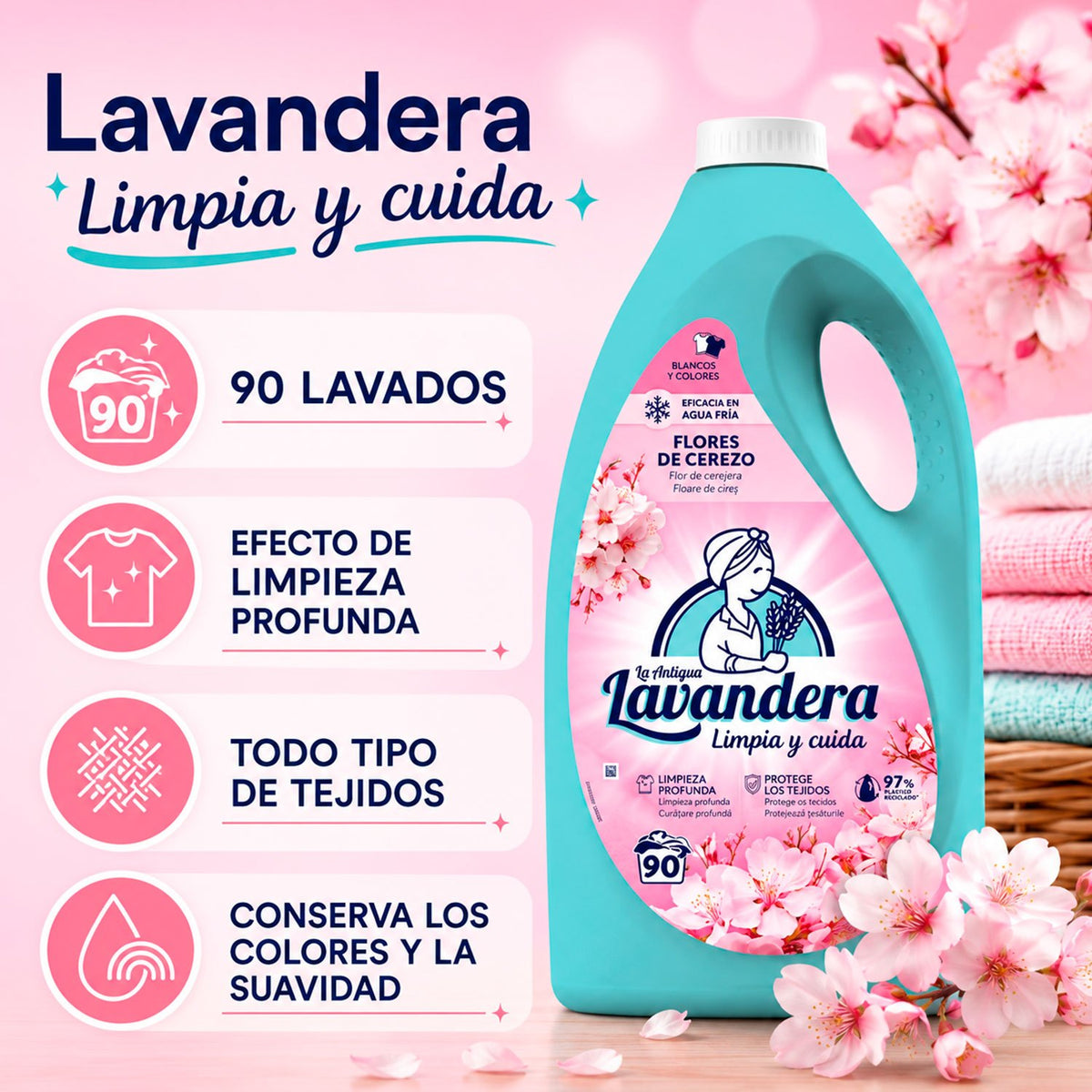La Antigua Lavandera Detergente Líquido Flor de Cerezo, para Lavar y Cuidar la Ropa Blanca y de Color, Ayuda a Eliminar la Suciedad y Deja un Fresco Aroma Floral Duradero, 90 Lavados