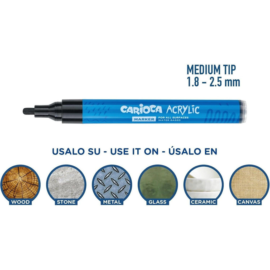CARIOCA Rotuladores Acrílicos de Punta Media, Ideal para Todo Tipo de Superficies: Papel, Lienzo, Madera, Cristal, Cerámica, Piedra, Cuero, Paquete de 4 Rotuladores