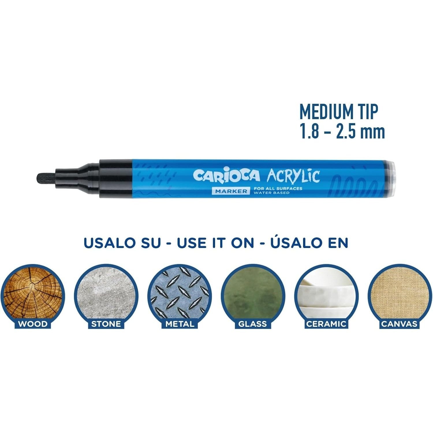CARIOCA Rotuladores Acrílicos de Punta Media, Ideal para Todo Tipo de Superficies: Papel, Lienzo, Madera, Cristal, Cerámica, Piedra, Cuero, Paquete de 4 Rotuladores