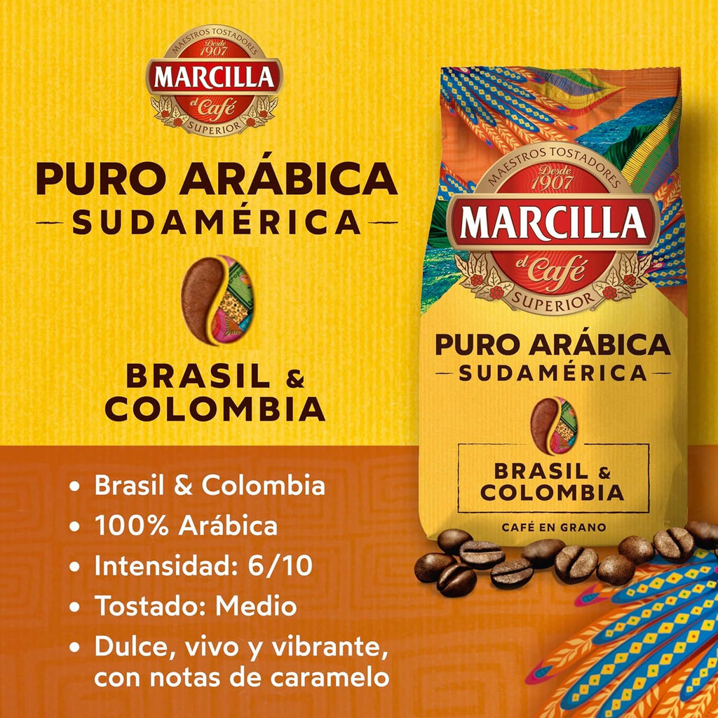 Marcilla Café Grano Puro Arábica Sudamérica Brasil & Colombia, Intensidad y Tostado Medio, Gran Aroma, Dulce, Vibrante y con Notas a Caramelo, Café en Grano Listo para ser Molido, 400g x 2 (800g)