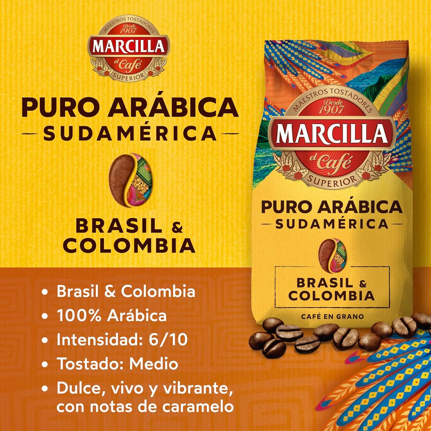 Marcilla Café Grano Puro Arábica Sudamérica Brasil & Colombia, Intensidad y Tostado Medio, Gran Aroma, Dulce, Vibrante y con Notas a Caramelo, Café en Grano Listo para ser Molido, 400g x 2 (800g)