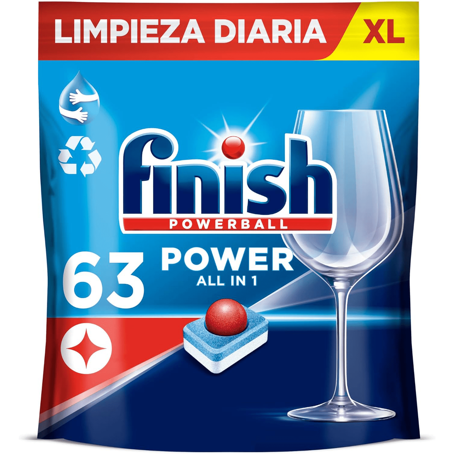 Finish Powerball Power All in 1 Pastillas Lavavajillas con potente Powerball para Eliminar las Manchas de Grasa más Difíciles, Limpieza y Brillo diario, No se necesita Prelavar