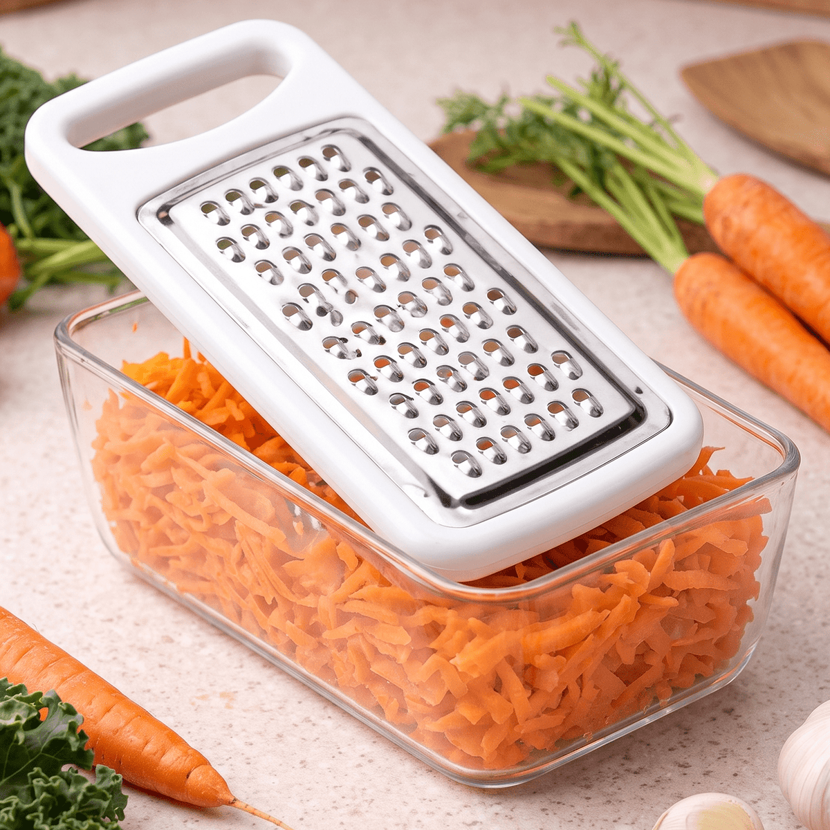 Rallador Cocina con Depósito, Fabricado con Acero Inoxidable, Depósito de Gran Capacidad, Ideal para Uso Diario, Fácil Limpieza, Diseño Ergonómico, 13.5cm