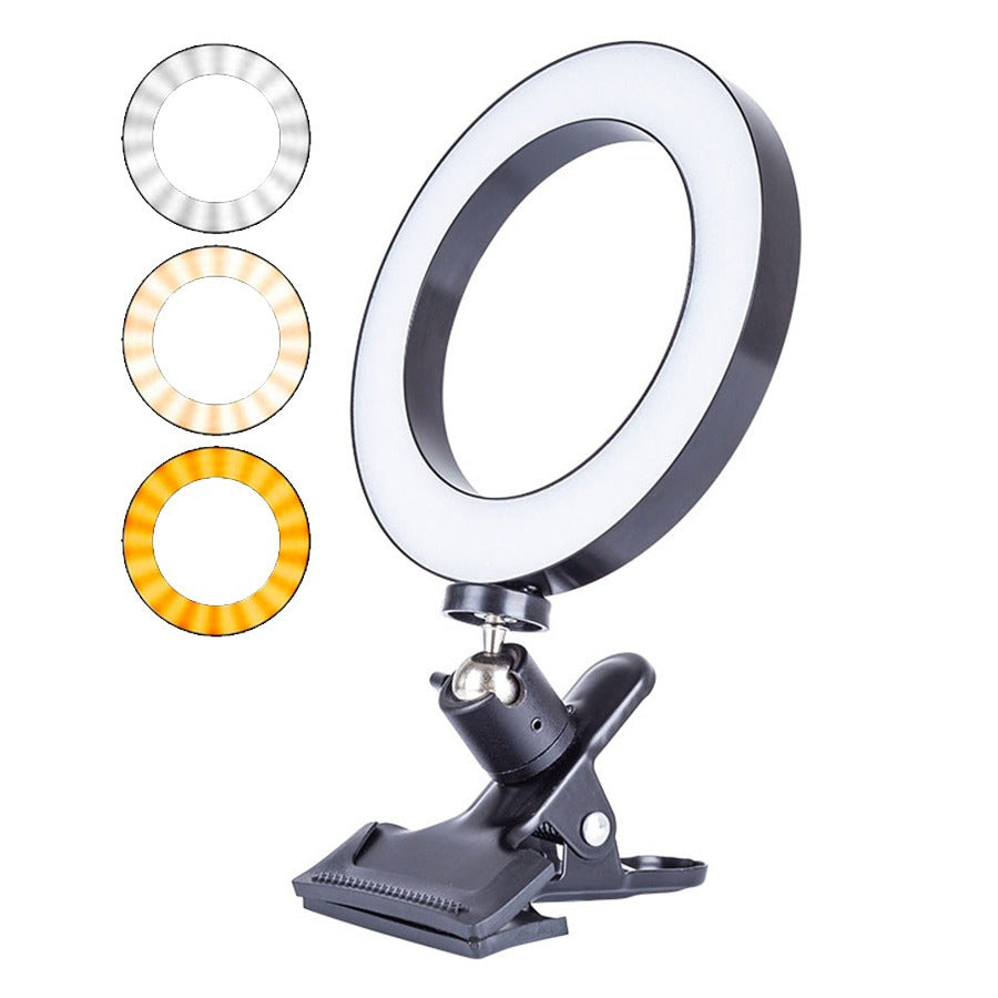 Aro de Luz con Pinza, Anillo De Luz para Selfies, 15 cm de Diámetro, Pinza de Sujección, Varios Niveles de Luz y Color Graduables, Conexión con Cable USB, Ideal para Vídeo y Fotografía, Plástico ABS y PS