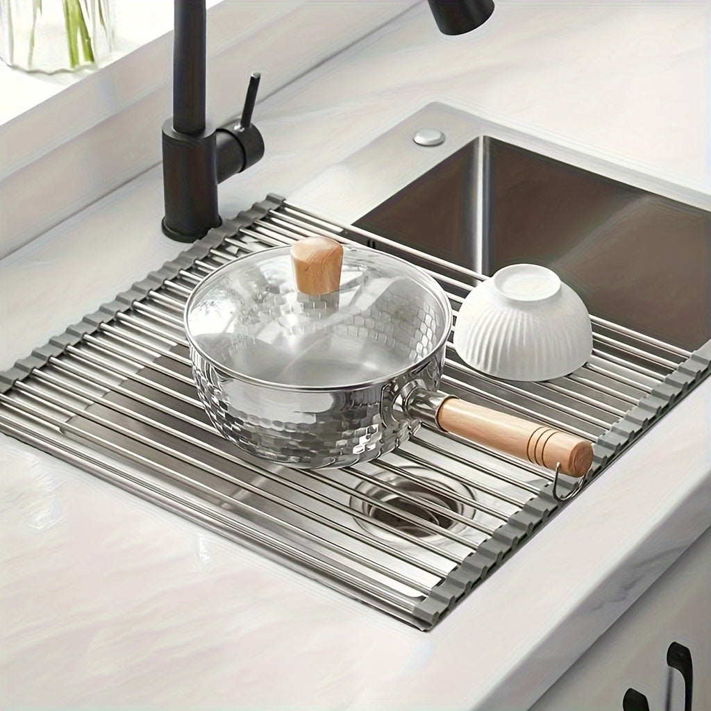 Escurridor de Platos para Fregadero, Escurridor de Platos Enrrollable de Acero Inoxidable, Escurridor Multifuncional sobre Fregadero, Escurridor de Platos Plegable, Colador de Cocina para Frutas y Verdurias, Fácil de Limpiar, Ahorra Espacio, Color Gris