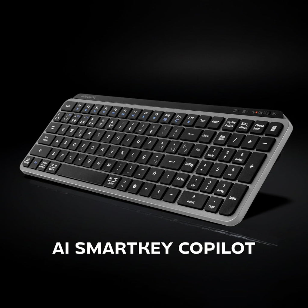 Mars Gaming MK-SILENKEYS, Teclado Inalámbrico Full-Format Compacto, Perfil Bajo, Switches Tijera Silenciosos, Tecla Copilot AI, Bluetooth 5.1 Dual + 2.4GPRO, Batería 200h, PC/Mac, Español, Negro