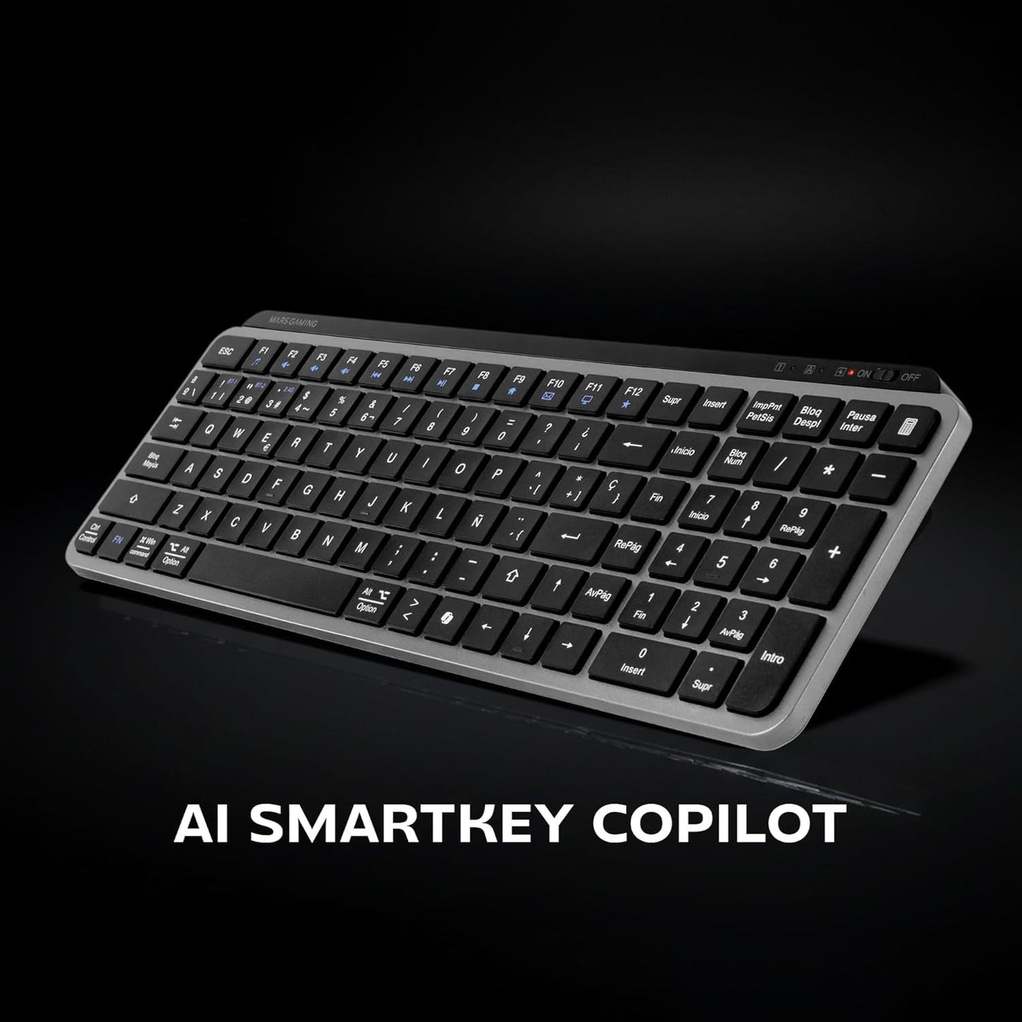 Mars Gaming MK-SILENKEYS, Teclado Inalámbrico Full-Format Compacto, Perfil Bajo, Switches Tijera Silenciosos, Tecla Copilot AI, Bluetooth 5.1 Dual + 2.4GPRO, Batería 200h, PC/Mac, Español, Negro