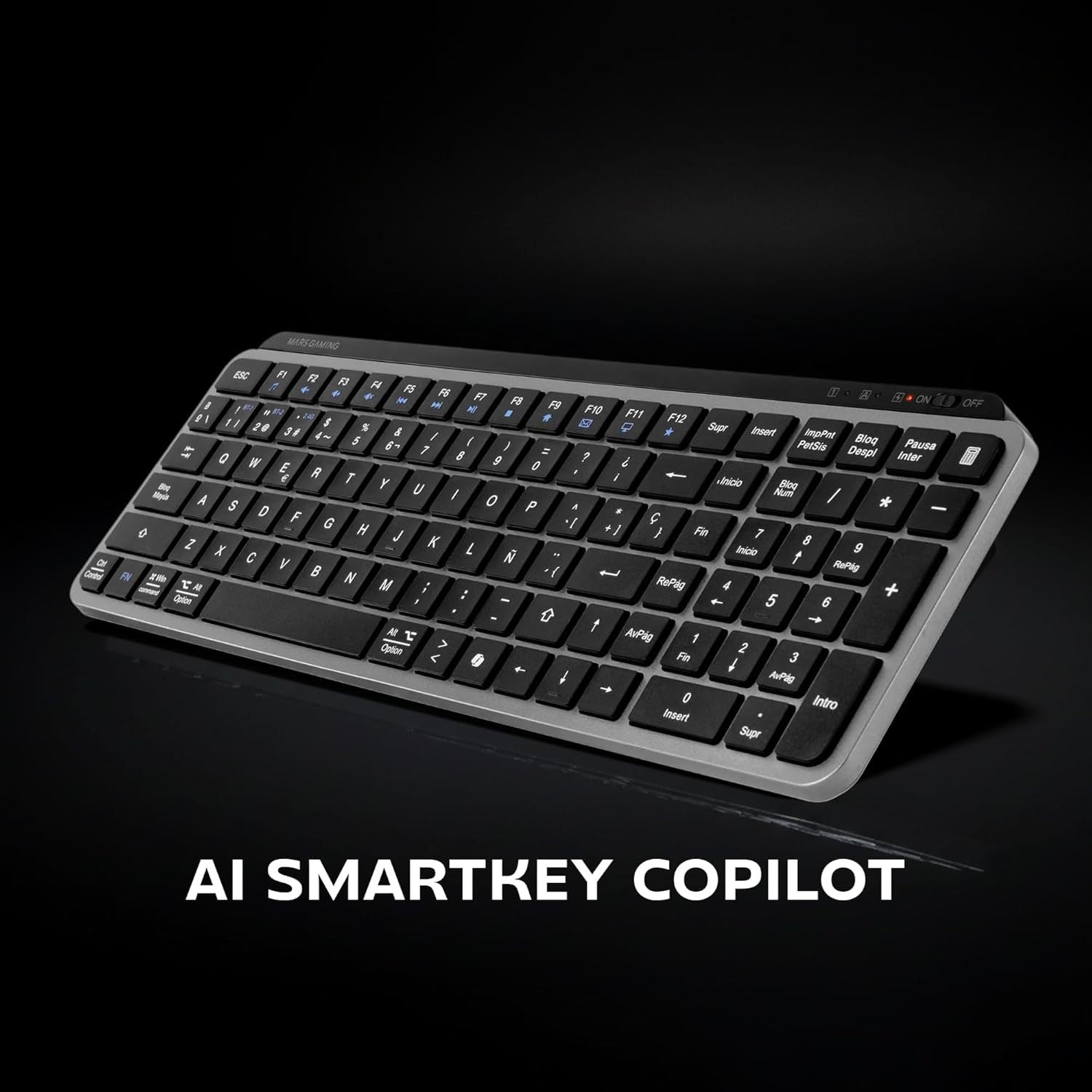 Mars Gaming MK-SILENKEYS, Teclado Inalámbrico Full-Format Compacto, Perfil Bajo, Switches Tijera Silenciosos, Tecla Copilot AI, Bluetooth 5.1 Dual + 2.4GPRO, Batería 200h, PC/Mac, Español, Negro