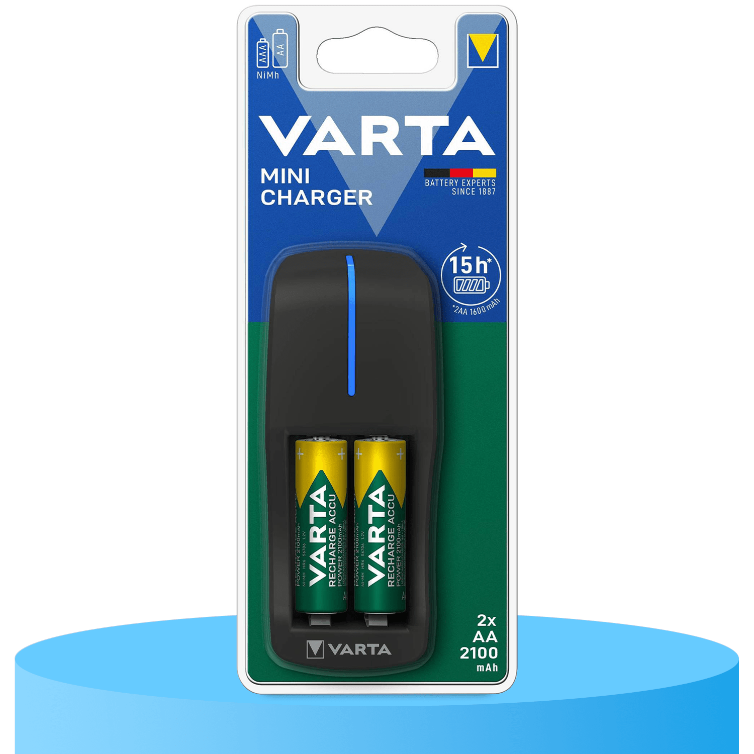 VARTA Cargador Pilas Recargables AA y AAA, Carga Hasta 2 Pilas Simultáneamente, Incluye 2 Pilas Recargables AA de 2100mAh, Sistema de Seguridad Anti sobrecarga, Tamaño Compacto Fácil de Llevar o Guardar