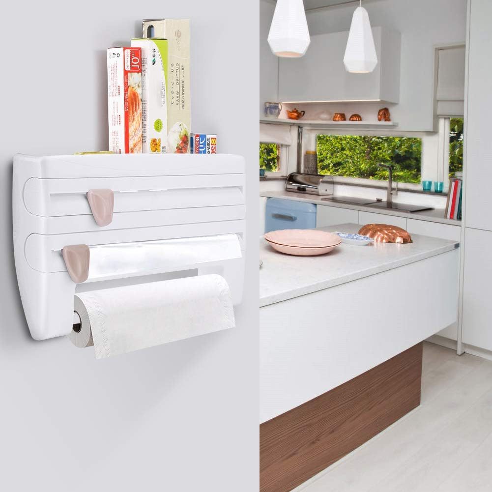 Portarrollos Papel Cocina, Estante de Almacenamiento de Cocina Montado en Pared, 2 Cortadores Incorporados, Dispensador de Plástico para Envolver, Dispensador de Papel de Aluminio, Soporte para Toallas de Papel, Soporte de Rollos de Cocina