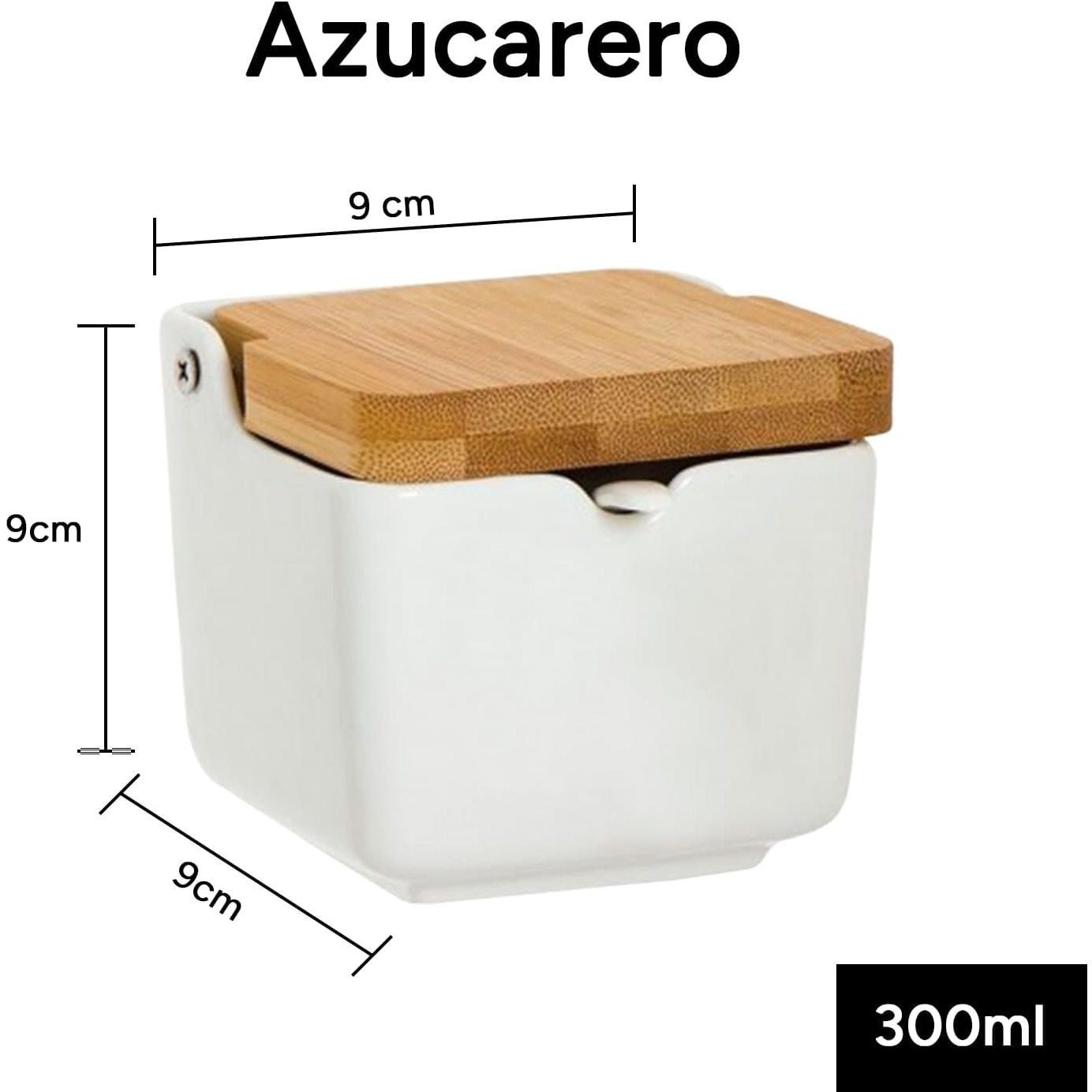 Azucarero Cocina con Tapa, Hecho de Cerámica y Madera, Capacidad de 300ml, Recipiente para Especias y Aliños, Blanco, 9 x 9 x 9 cm