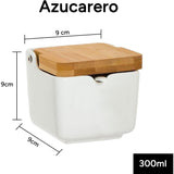 Azucarero Cocina con Tapa, Hecho de Cerámica y Madera, Capacidad de 300ml, Recipiente para Especias y Aliños, Blanco, 9 x 9 x 9 cm