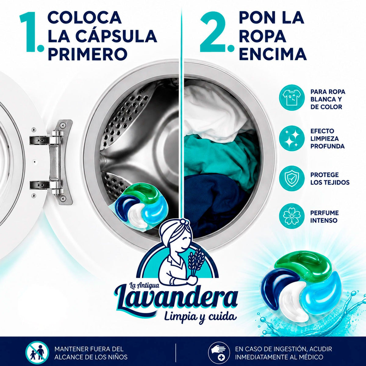 La Antigua Lavandera Detergente en Cápsulas 4 en 1 para Ropa, Aroma Flor de Cerezo, Pack de 3 Cajas de 46 Cápsulas Cada Una, 138 Cápsulas en Total
