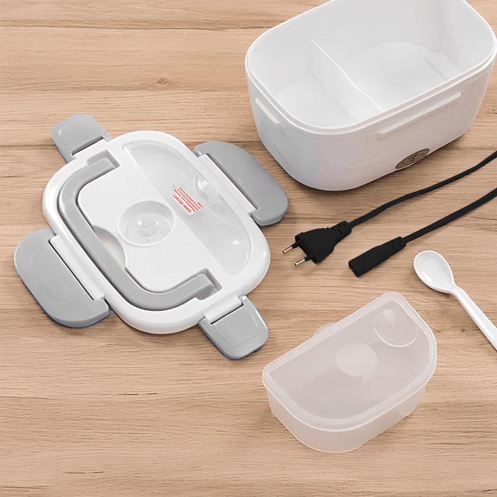 Caja Termica Portatil con 2 Compartimentos, Lonchera Electrica con Asa de Transporte, 1L de Capacidad, Calienta en Pocos Minutos, Enchufe para Casa y Coche Incluido, Espacio para Cubiertos con Cuchara Incluida, Fácil Limpieza