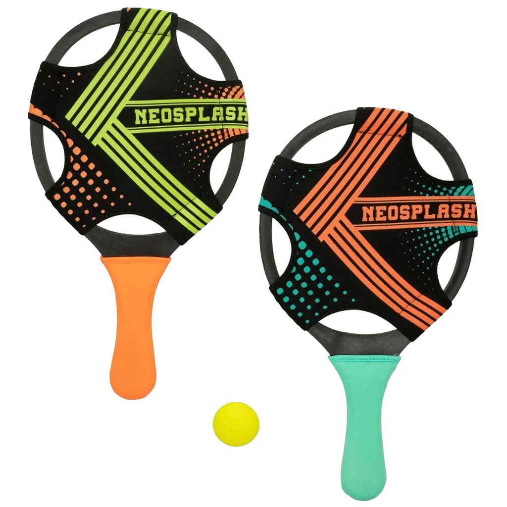 Set 2 Palas de Playa y Pelota, 2 Palas de Playa de Neopreno, Incluye Pelota de PVC y Red de Transporte, Raquetas con Agarre Cómodo ideales para Playa y Deportes al Aire Libre