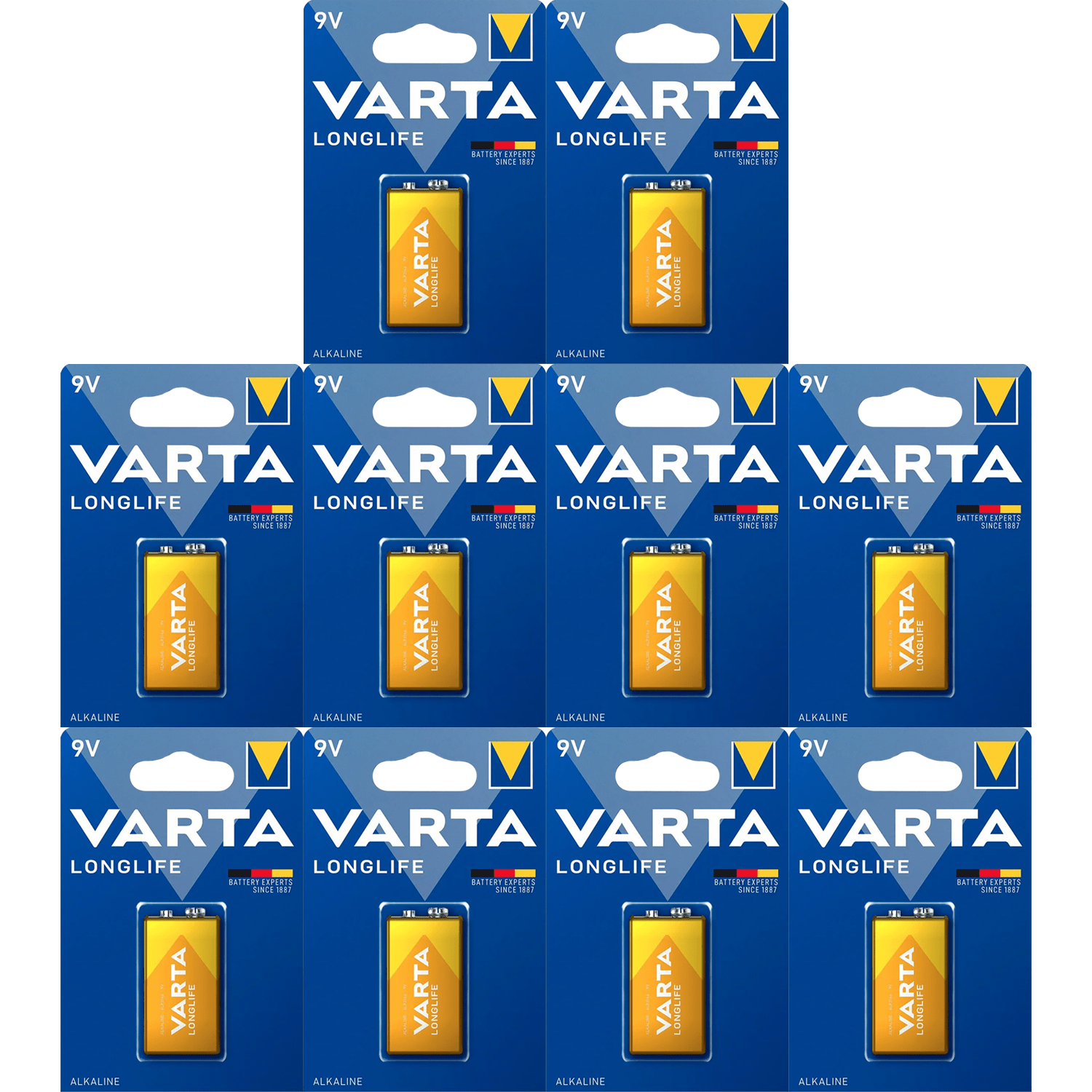 Pilas 9V Alcalinas, Pilas 9v Cuadradas de Alto Rendimiento, VARTA Longlife, Ultra Larga Duración, Energía Continua, Ideal para Detectores de Humo, Micrófonos Inalámbricos, Pedales de Guitarra, Multímetros, Electrodomésticos