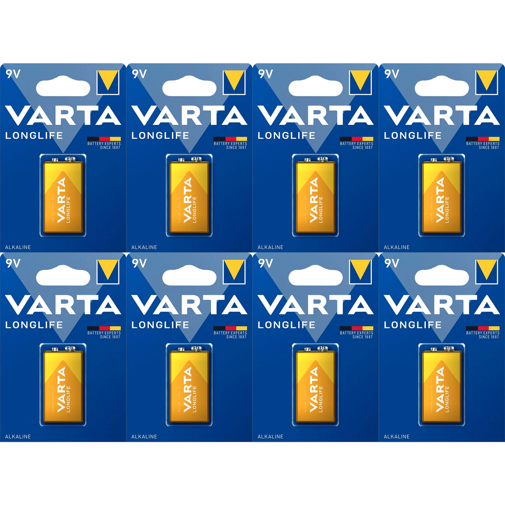Pilas 9V Alcalinas, Pilas 9v Cuadradas de Alto Rendimiento, VARTA Longlife, Ultra Larga Duración, Energía Continua, Ideal para Detectores de Humo, Micrófonos Inalámbricos, Pedales de Guitarra, Multímetros, Electrodomésticos