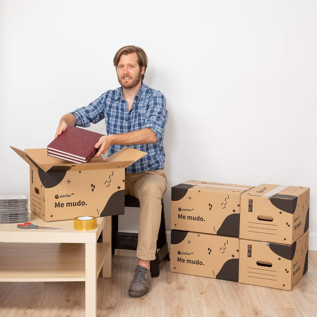 packer PRO Caja Cartón para Mudanzas y Almacenaje Ultra Resistentes con Asas, Cartón Resistente de Máxima Durabilidad, Tamaño Ideal para Mudanzas y Almacenaje de Libros, Objetos y Ropa, Asas Laterales para Manejo Fácil y Seguro