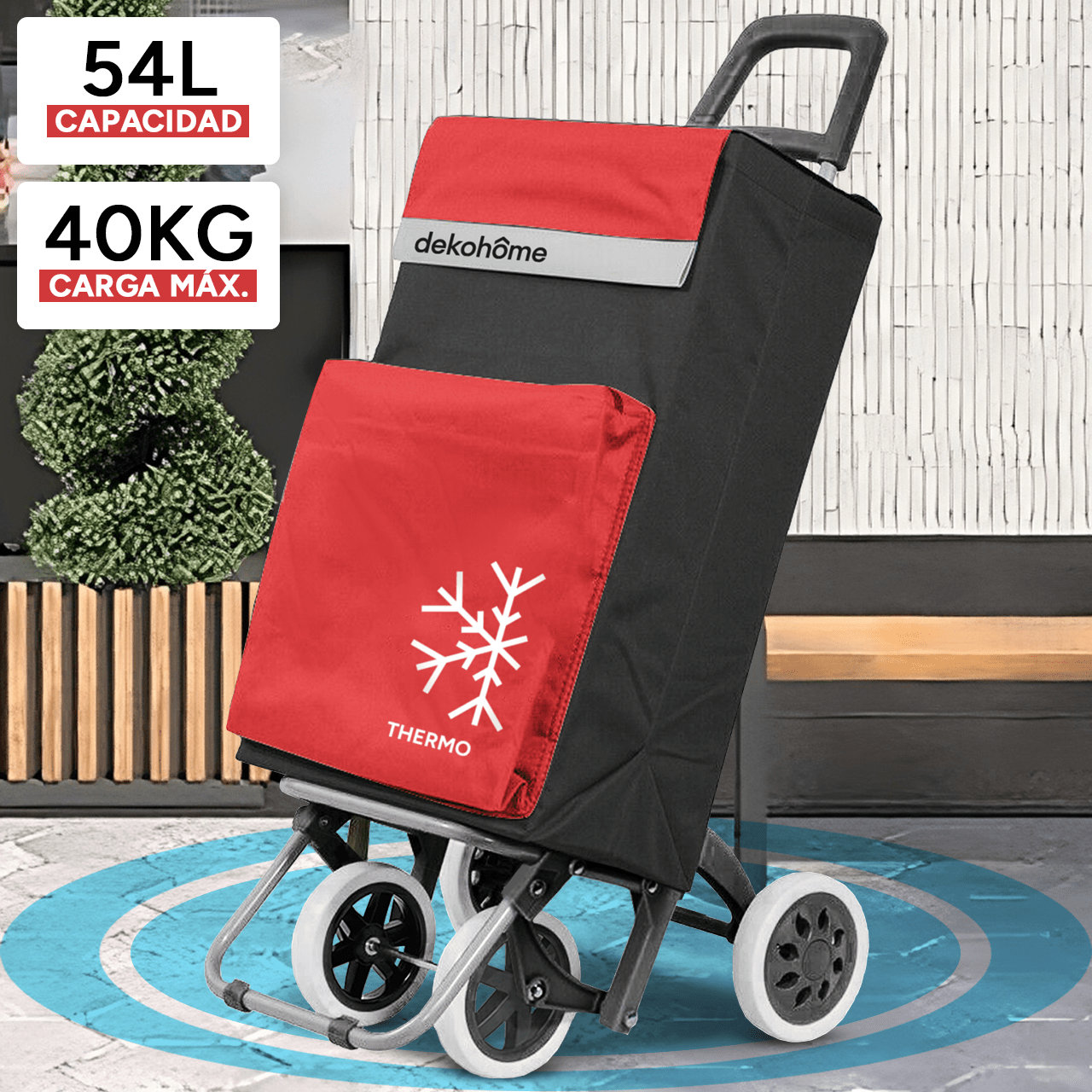 Carro Compra Plegable 4 Ruedas con Bolsillo Térmico para Congelados, Carro Plegable con Ruedas, 54 Litros de Capacidad y 40 Kg de Carga Máxima, Compartimentos Extra, Ruedas Grandes Resistentes para Facilitar el Movimiento y el Transporte del Peso