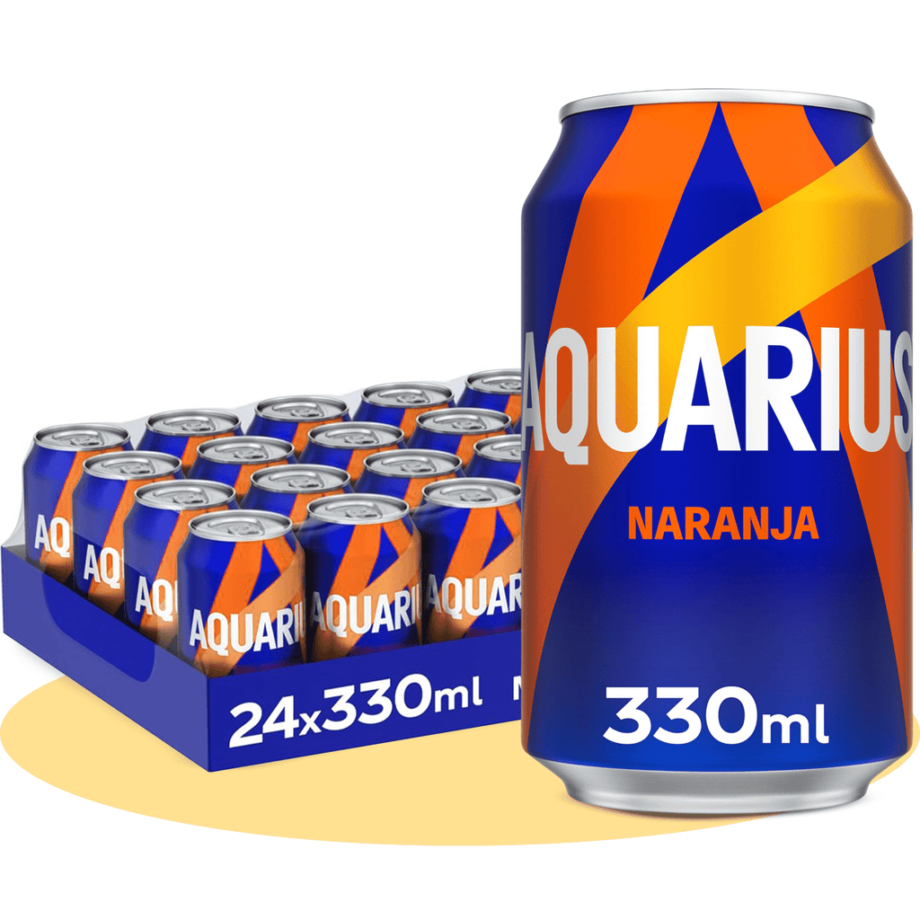 AQUARIUS Naranja, Bebida Hidratante con Sales Minerales, Baja en Calorías, Bebida Isotónica Sabor Naranja, Pack de 24 Latas de 330ml