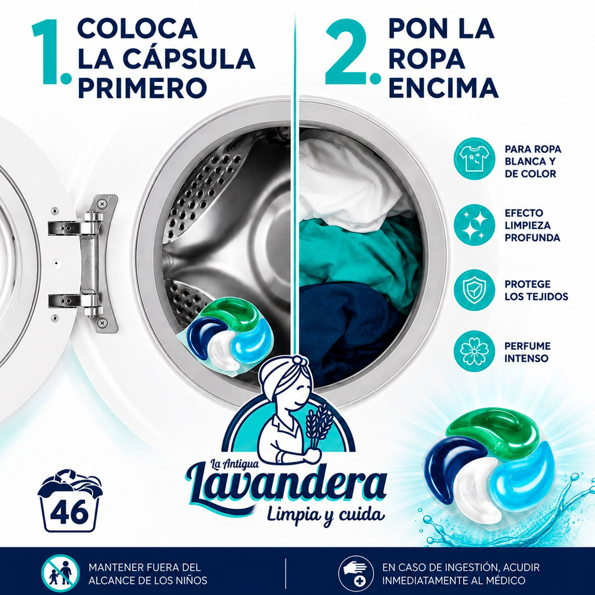 La Antigua Lavandera Detergente en Cápsulas 4 en 1 para Ropa, Aroma Flor de Cerezo, Pack de 2 Cajas de 46 Cápsulas Cada Una, 92 Cápsulas en Total