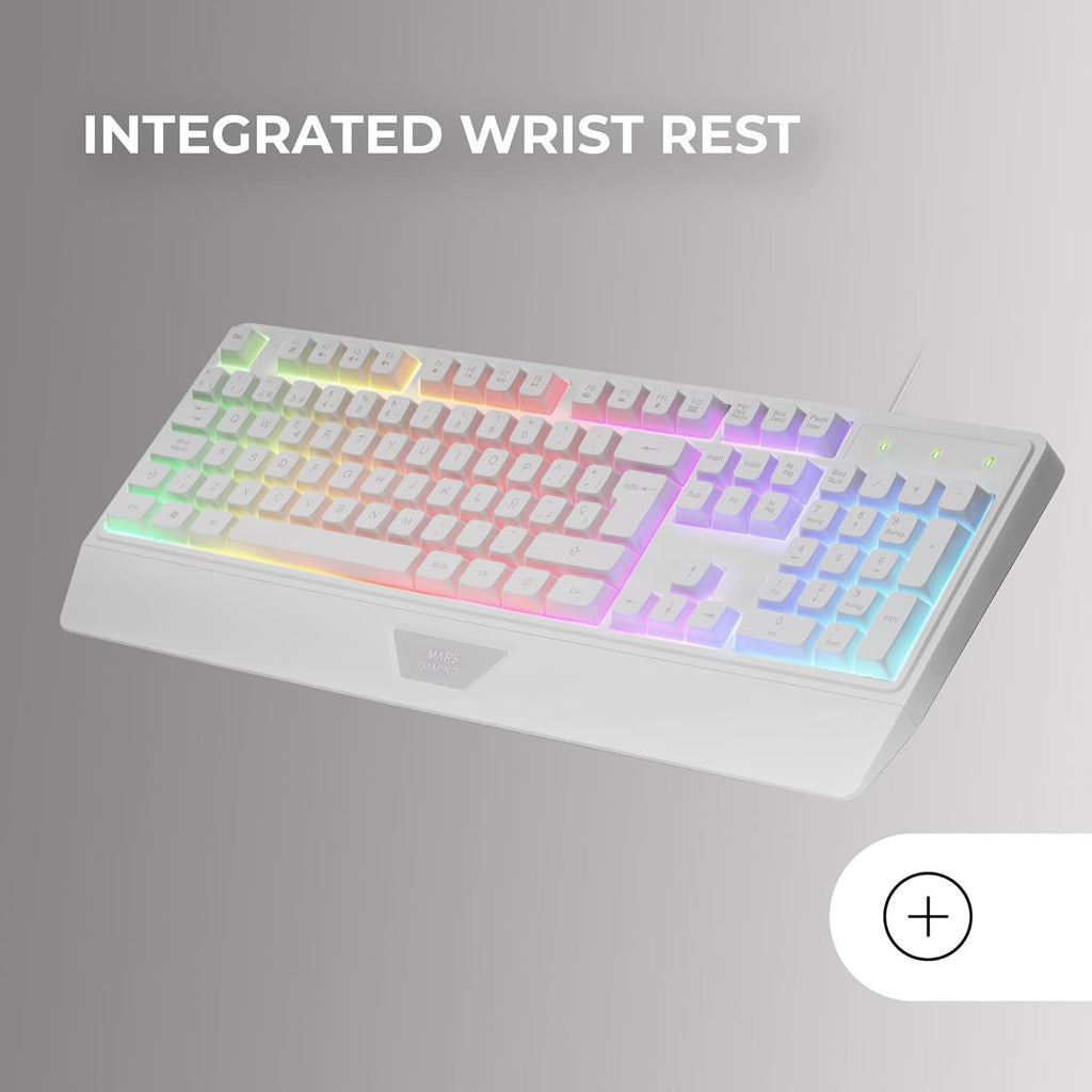 Mars Gaming MK124, Teclado Ergonómico H-Mech, Reposamuñecas Integrado, Iluminación FRGB Rainbow, Teclado Gaming Antighosting Avanzado, Teclado PC Completo Multiplataforma, Idioma Francés, Blanco