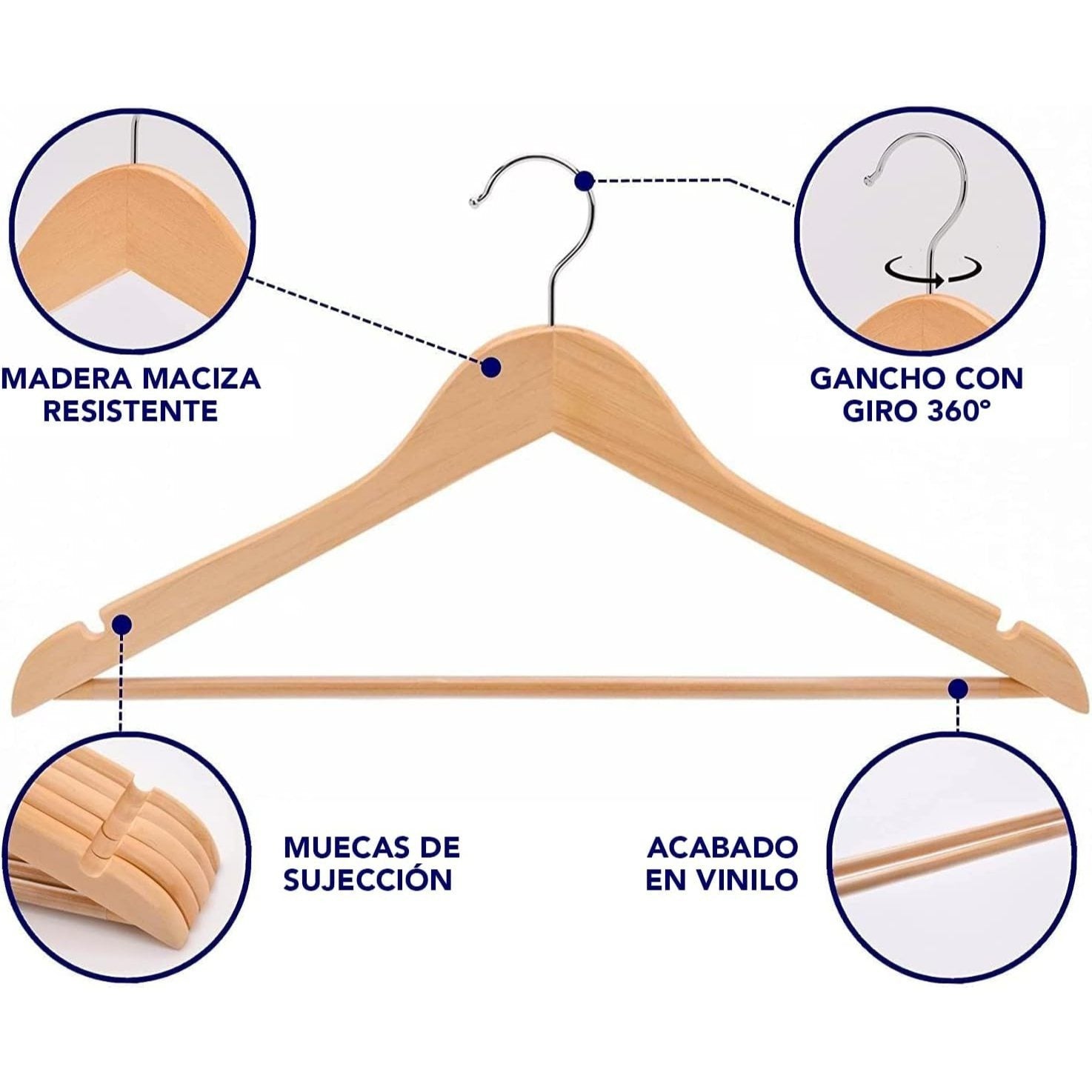 8/16/24 Perchas para Colgar Ropa, Perchas de Madera con Barra de Pantalón y Muescas para Hombros, Gancho Rotatorio 360º, Perchas para Chaquetas, Trajes, Abrigos, Sudaderas, Camisetas