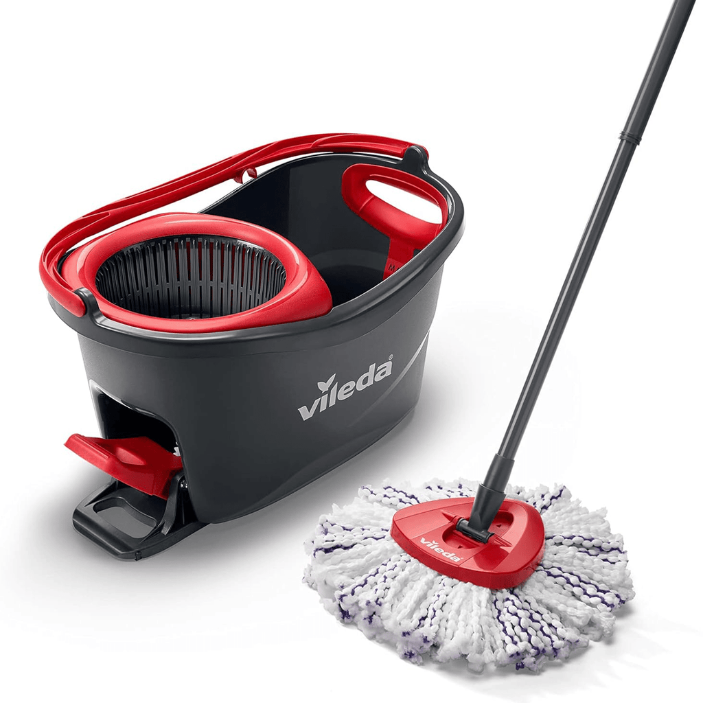 Vileda Set Fregona y Cubo de Limpieza con Pedal y Escurrefácil Giratorio, Fregona con Mango Extra Largo, Cabezal Triangular de Microfibra ideal Para los Rincones