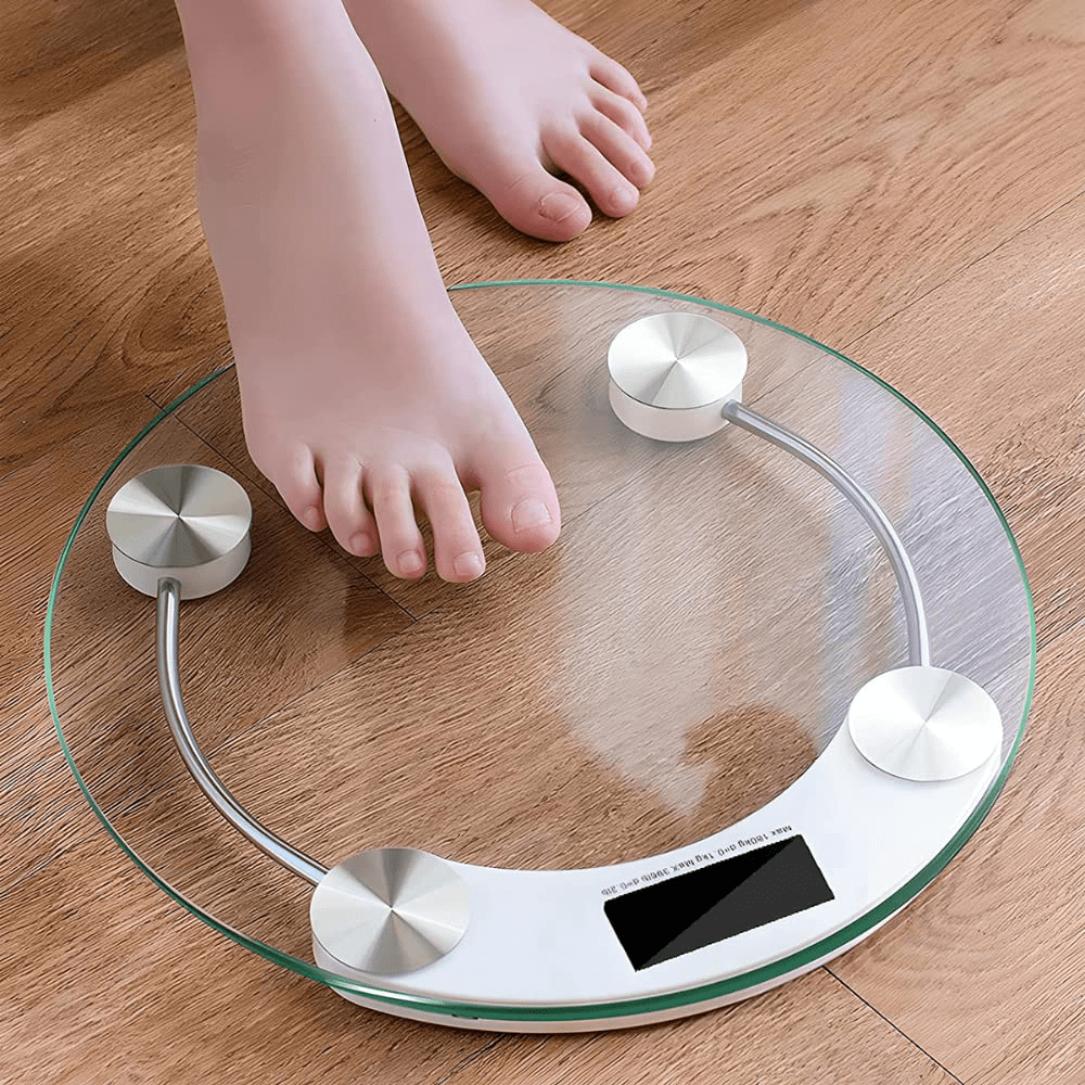 Bascula de Baño de Cristal, 180Kg de Resistencia, Dígitos LCD, Sensor de Alta Precisión, Cristal Resistente de 8mm, Reajuste y Apagado Automático, Indicador de Poca Batería y Exceso de Carga, 34cm